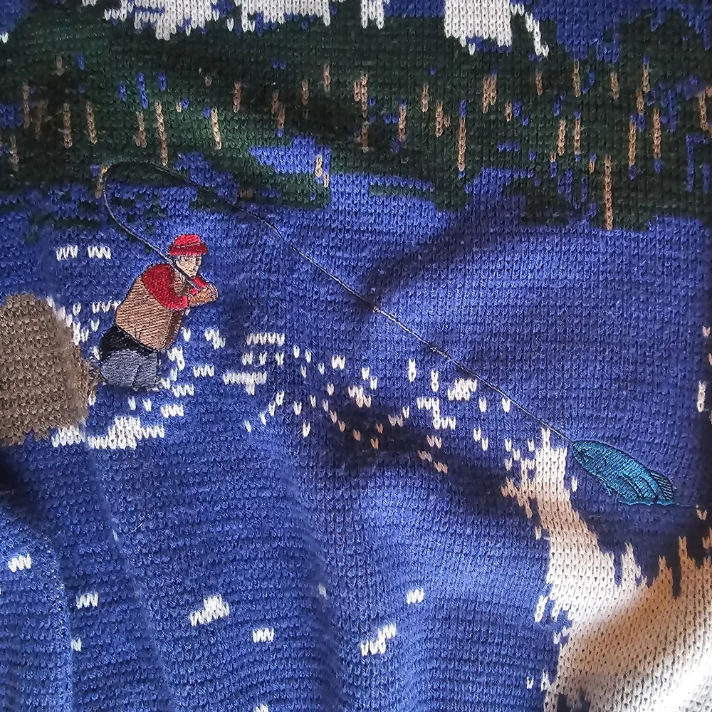 VTG Street Wear All Over Print Sweater Fishing Mountains Campus Size Large - Picture 2 of 7